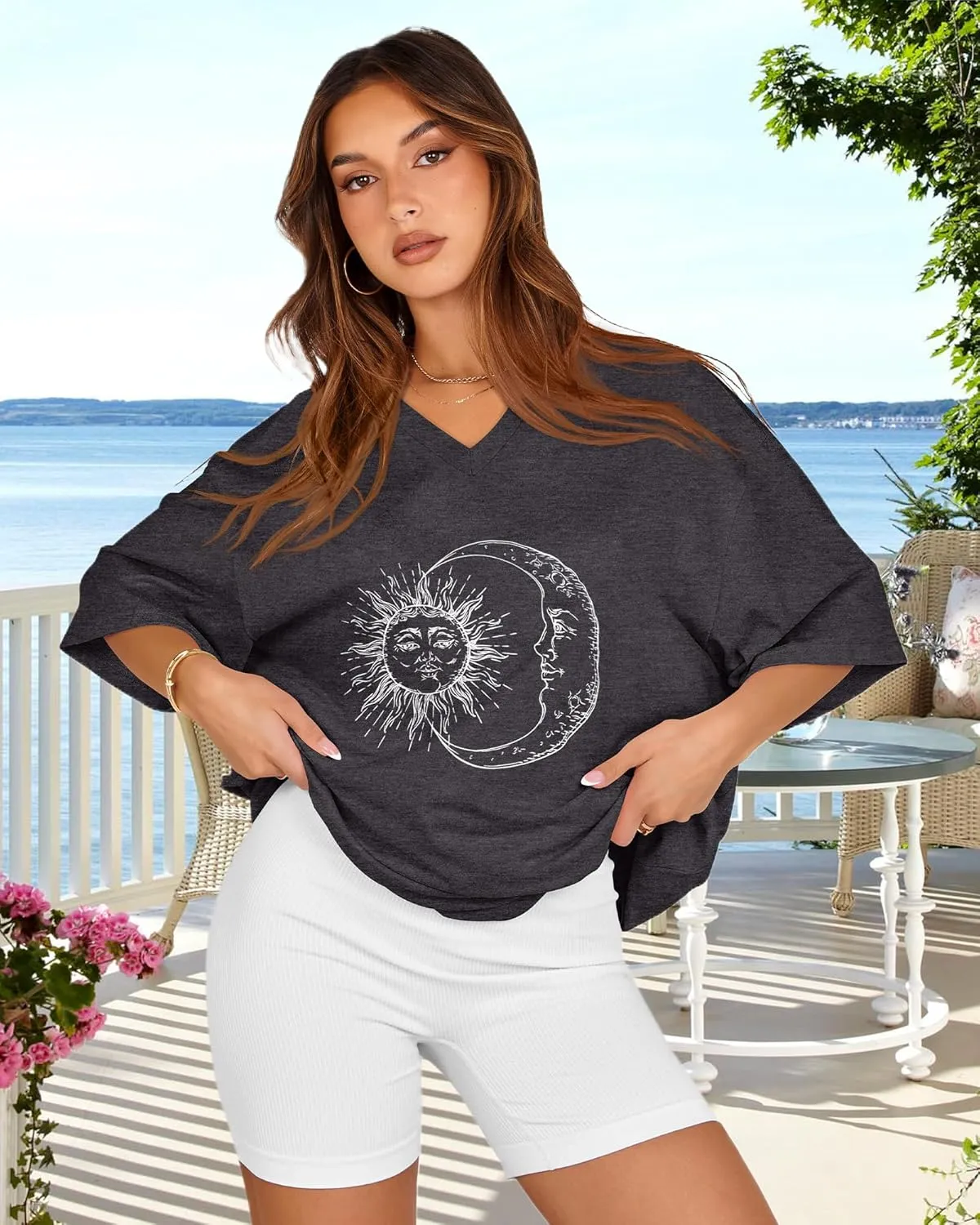 Oversized Tshirts for Women V Neck Short Sleeve Summer Casual Basic Loose Tops