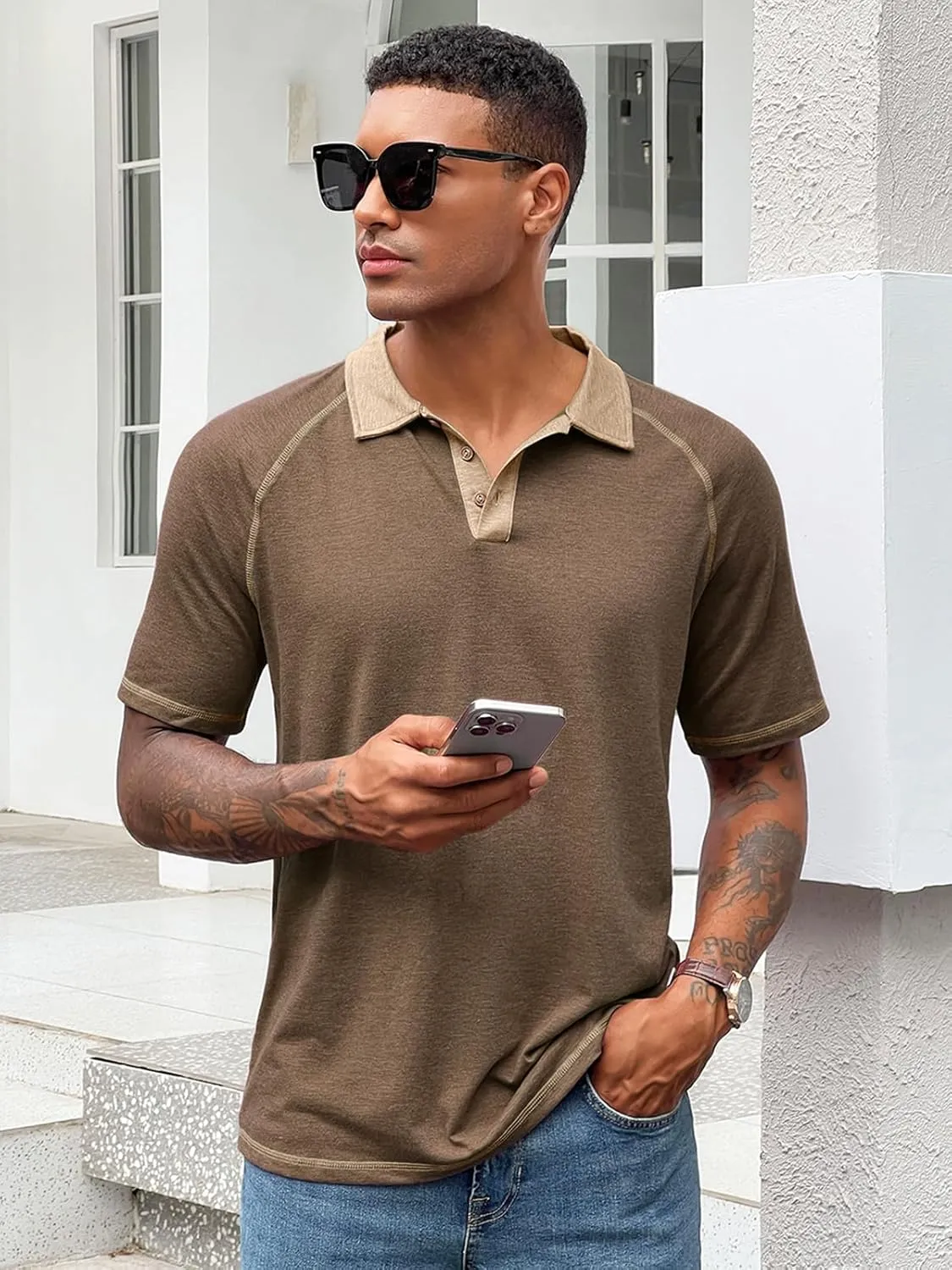 Runcati Men's Casual Polo Shirts Short Sleeve Lightweight Stretchy Golf Shirt Summer Beach Raglan Tops