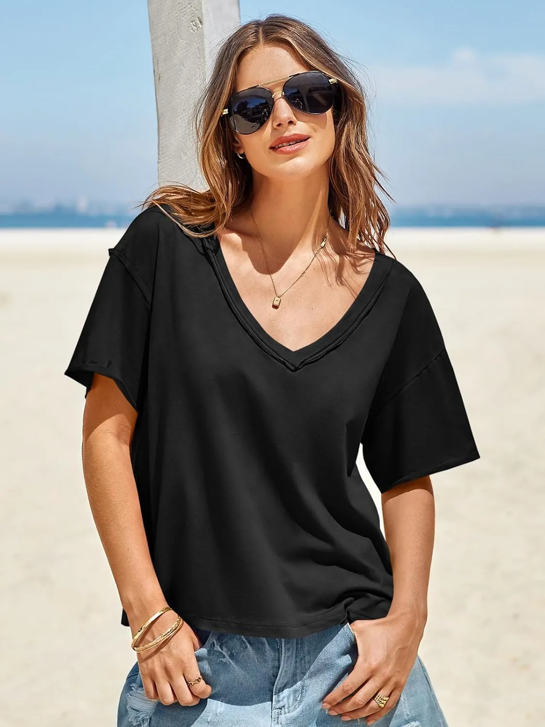 Tankaneo Womens Oversized Tshirts Deep V Neck Short Sleeve Tops Summer Casual Loose Fit Tunic Tee Shirt