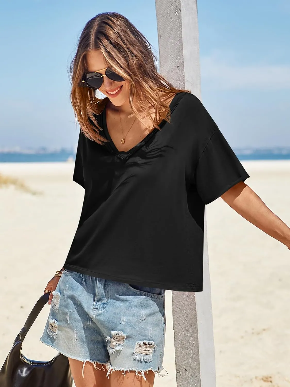 Tankaneo Womens Oversized Tshirts Deep V Neck Short Sleeve Tops Summer Casual Loose Fit Tunic Tee Shirt