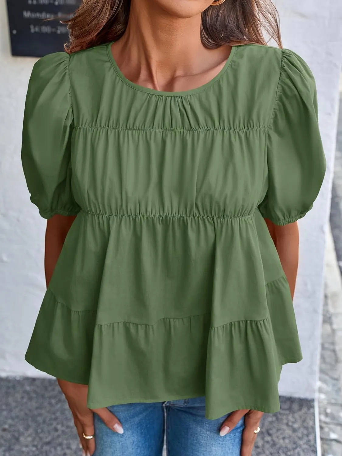 Tankaneo Womens Puff Sleeve Peplum Babydoll Tops Summer Smoked Pleated Cotton T-Shirts Casual Loose Fit Flowy Blouse