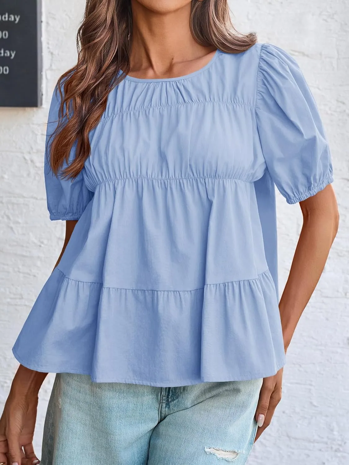 Tankaneo Womens Puff Sleeve Peplum Babydoll Tops Summer Smoked Pleated Cotton T-Shirts Casual Loose Fit Flowy Blouse