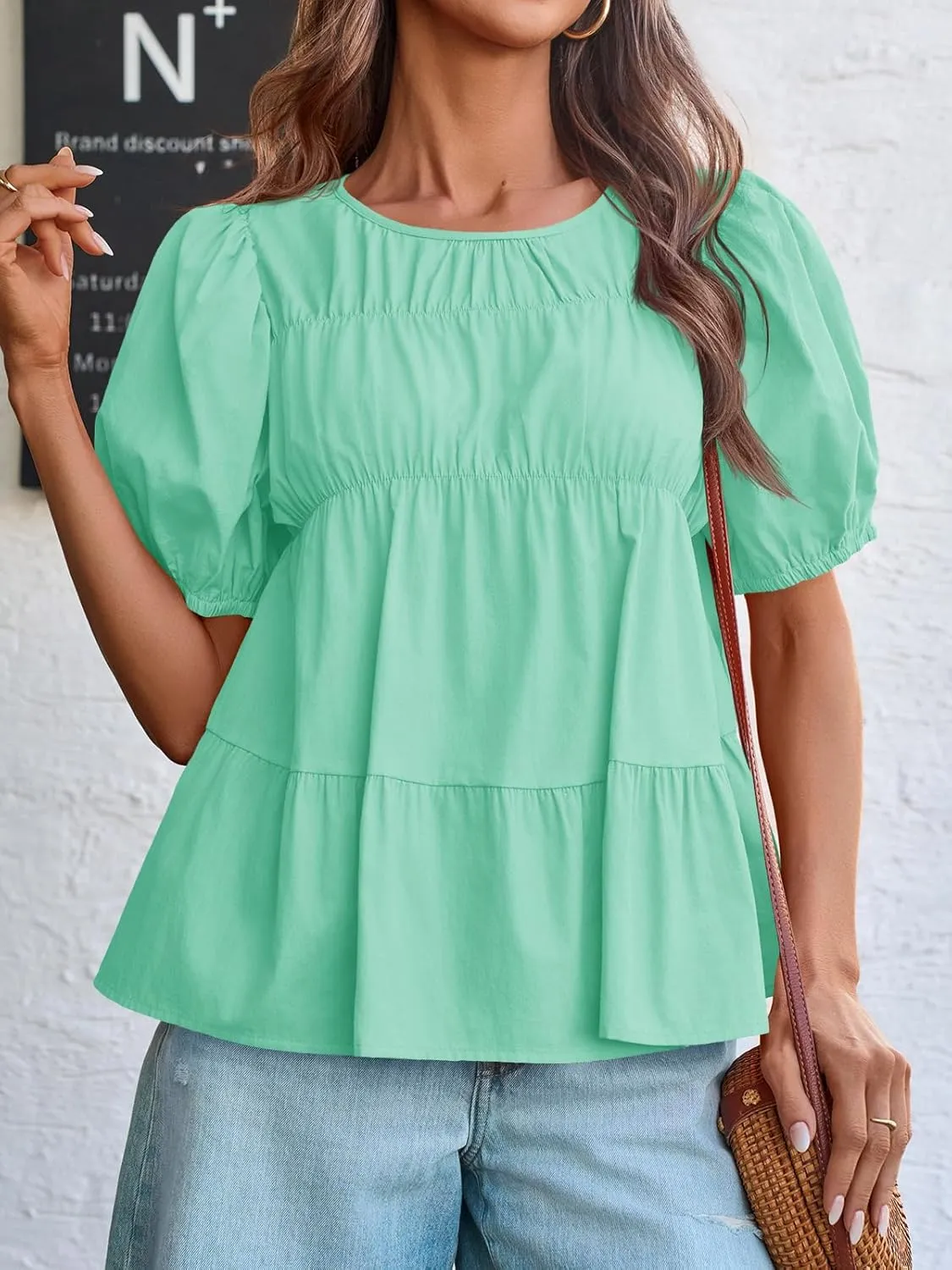 Tankaneo Womens Puff Sleeve Peplum Babydoll Tops Summer Smoked Pleated Cotton T-Shirts Casual Loose Fit Flowy Blouse