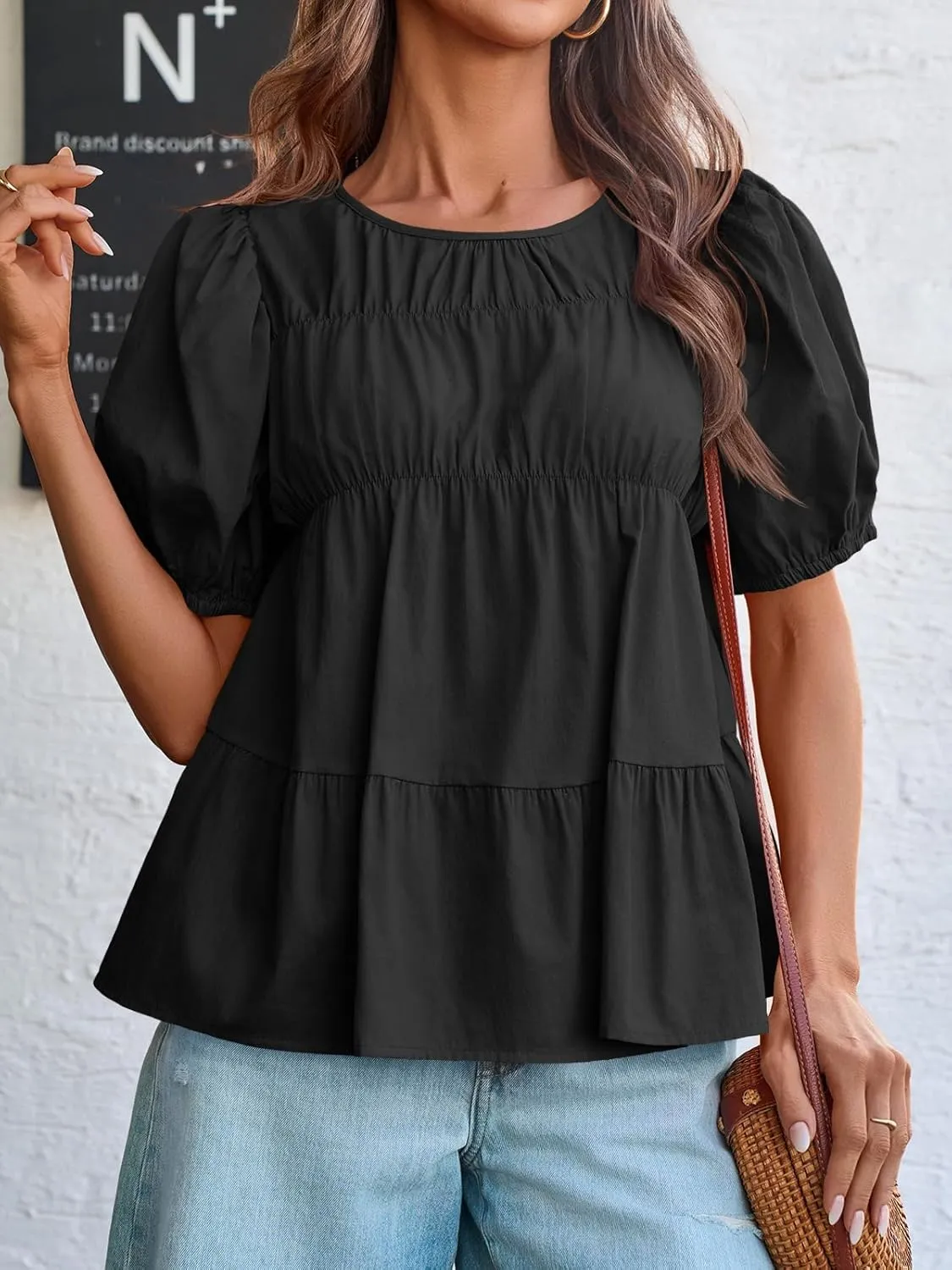 Tankaneo Womens Puff Sleeve Peplum Babydoll Tops Summer Smoked Pleated Cotton T-Shirts Casual Loose Fit Flowy Blouse