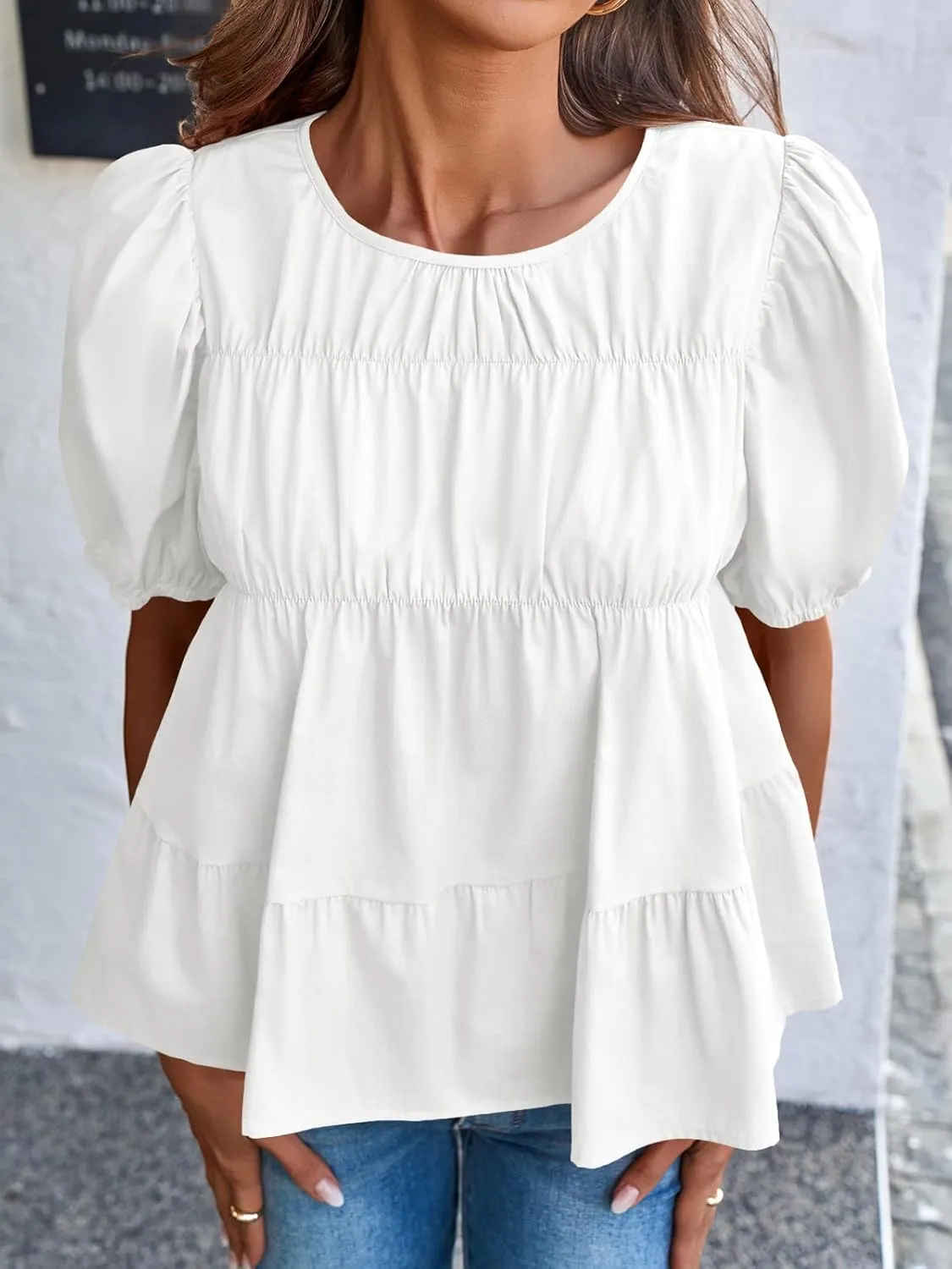 Tankaneo Womens Puff Sleeve Peplum Babydoll Tops Summer Smoked Pleated Cotton T-Shirts Casual Loose Fit Flowy Blouse
