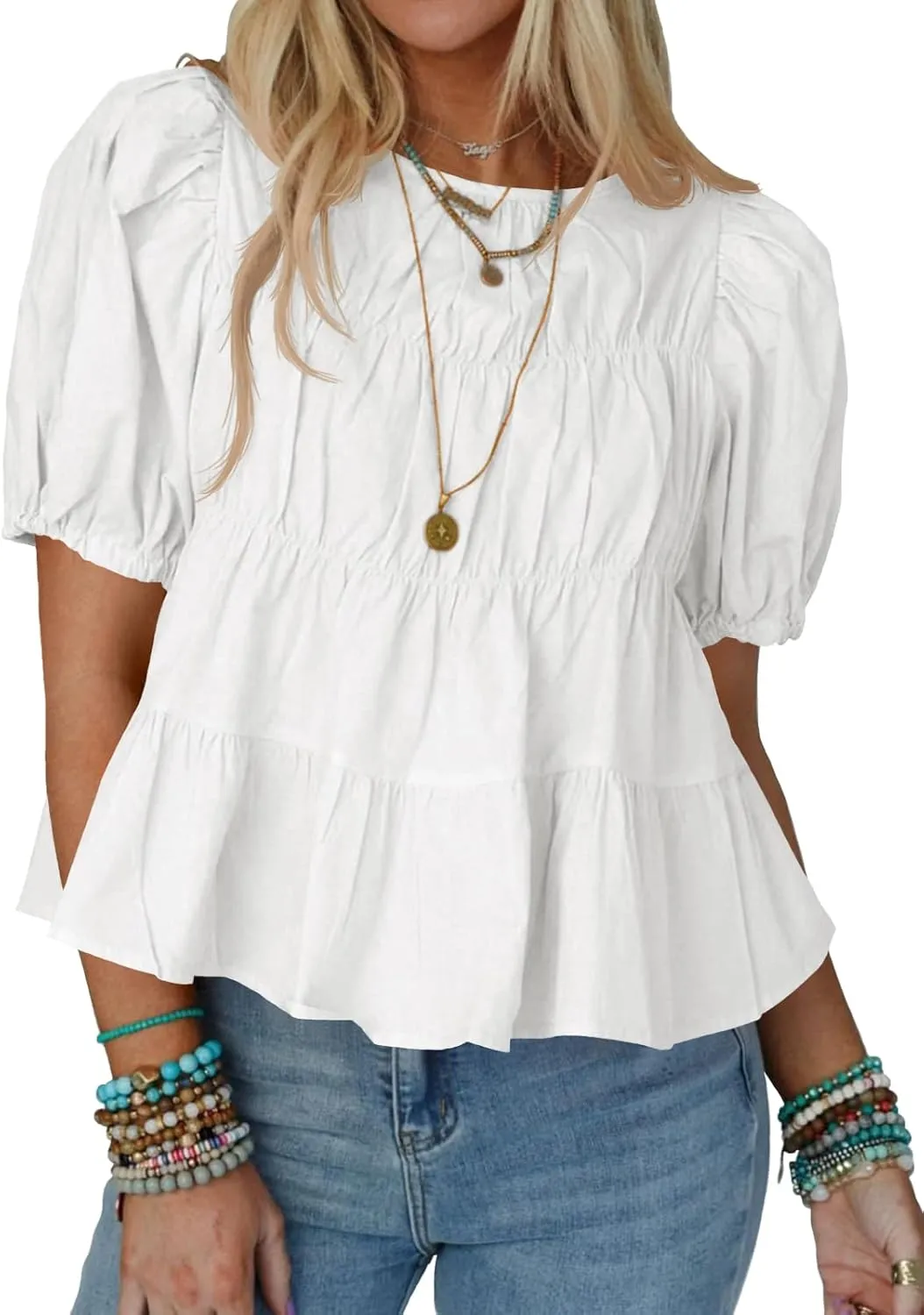 Tankaneo Womens Puff Sleeve Peplum Babydoll Tops Summer Smoked Pleated Cotton T-Shirts Casual Loose Fit Flowy Blouse