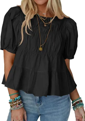 Tankaneo Womens Puff Sleeve Peplum Babydoll Tops Summer Smoked Pleated Cotton T-Shirts Casual Loose Fit Flowy Blouse