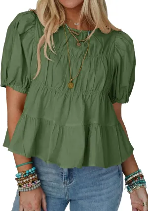 Tankaneo Womens Puff Sleeve Peplum Babydoll Tops Summer Smoked Pleated Cotton T-Shirts Casual Loose Fit Flowy Blouse