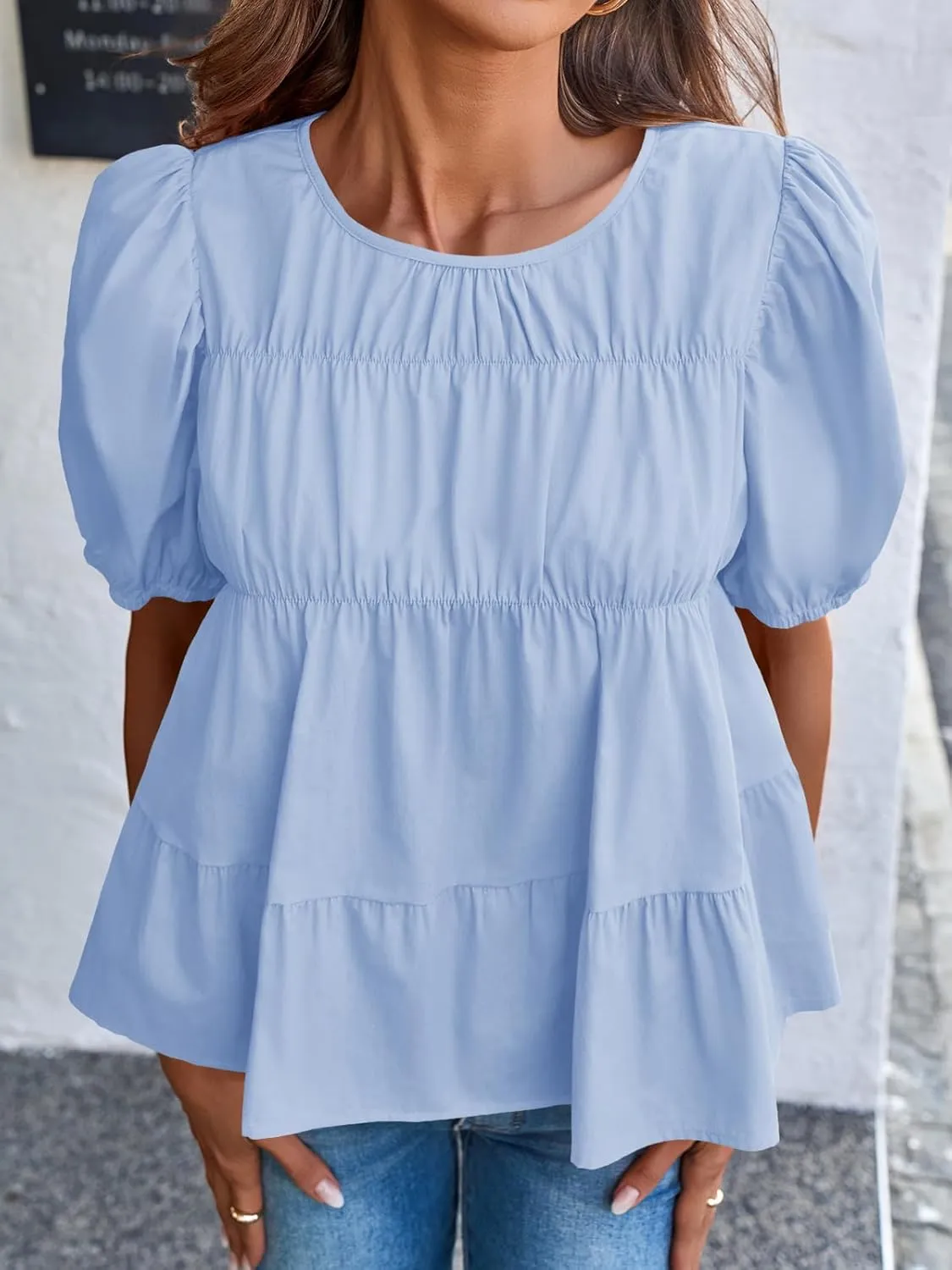 Tankaneo Womens Puff Sleeve Peplum Babydoll Tops Summer Smoked Pleated Cotton T-Shirts Casual Loose Fit Flowy Blouse