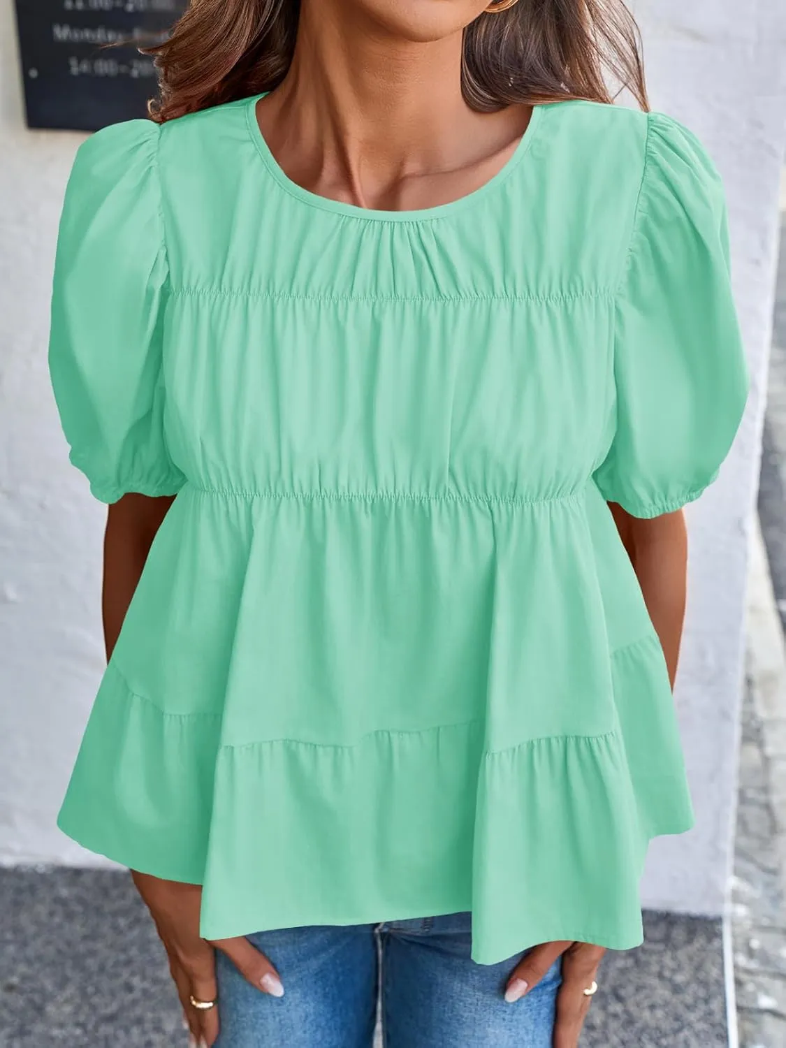 Tankaneo Womens Puff Sleeve Peplum Babydoll Tops Summer Smoked Pleated Cotton T-Shirts Casual Loose Fit Flowy Blouse
