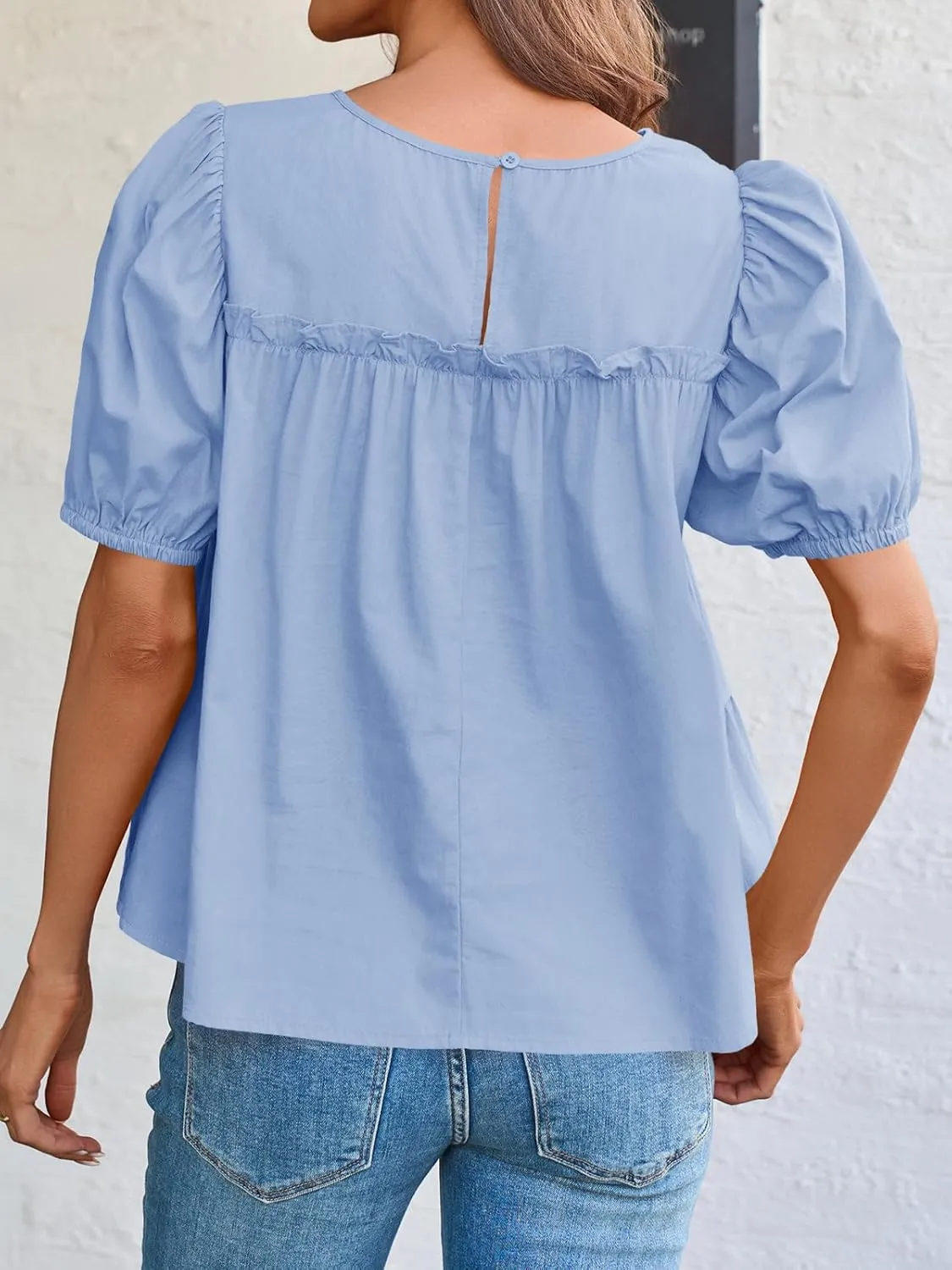 Tankaneo Womens Puff Sleeve Peplum Babydoll Tops Summer Smoked Pleated Cotton T-Shirts Casual Loose Fit Flowy Blouse