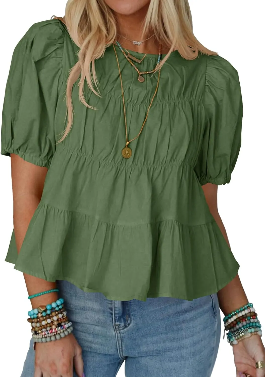 Tankaneo Womens Puff Sleeve Peplum Babydoll Tops Summer Smoked Pleated Cotton T-Shirts Casual Loose Fit Flowy Blouse
