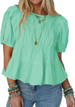 Tankaneo Womens Puff Sleeve Peplum Babydoll Tops Summer Smoked Pleated Cotton T-Shirts Casual Loose Fit Flowy Blouse