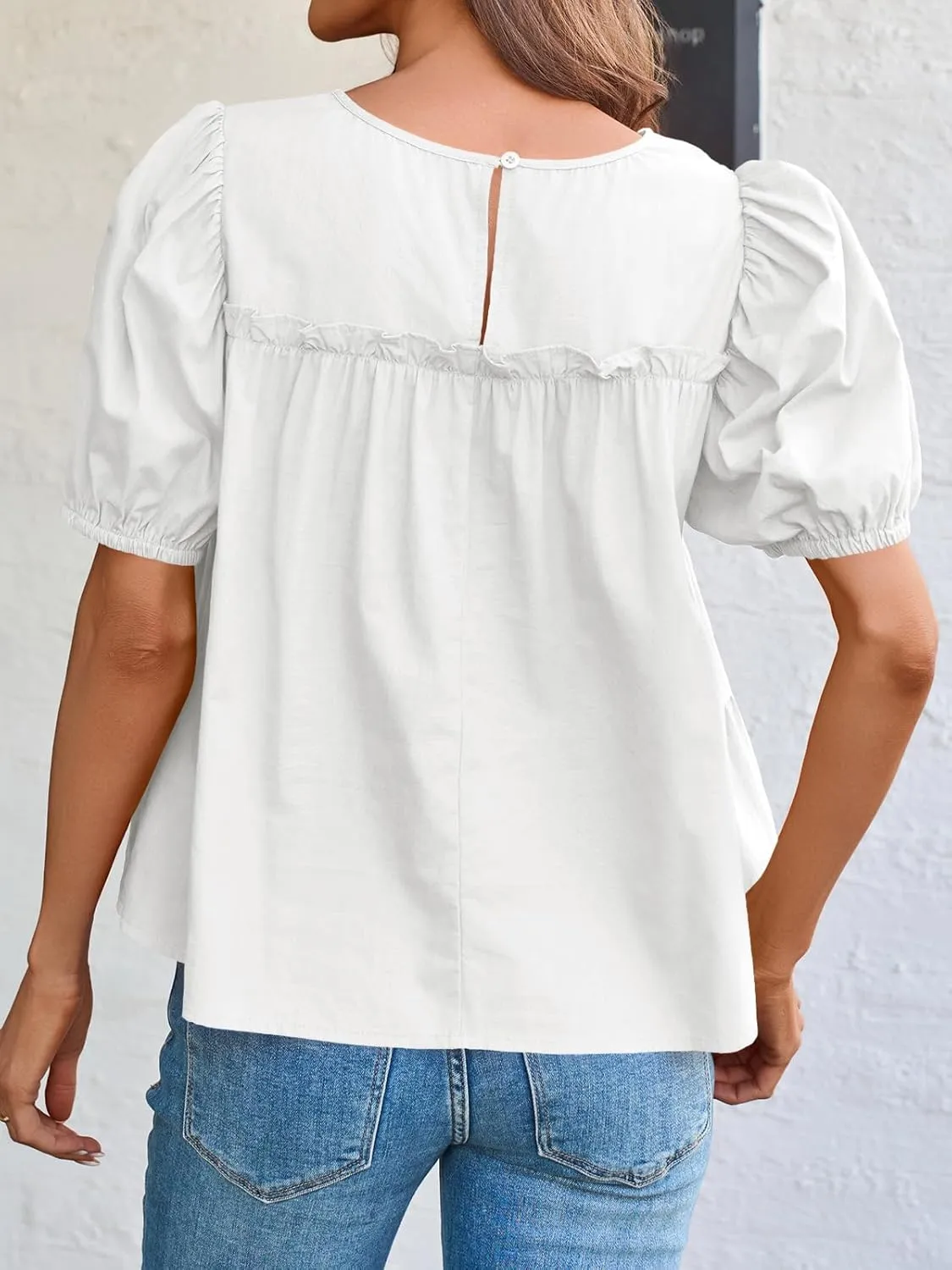Tankaneo Womens Puff Sleeve Peplum Babydoll Tops Summer Smoked Pleated Cotton T-Shirts Casual Loose Fit Flowy Blouse