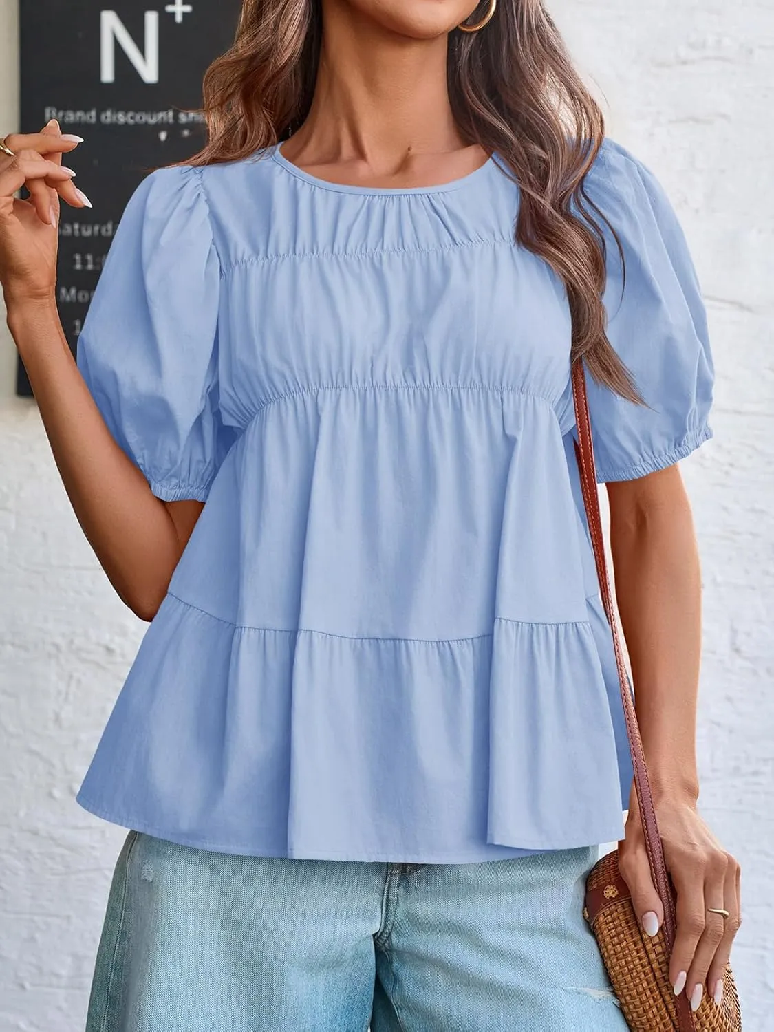 Tankaneo Womens Puff Sleeve Peplum Babydoll Tops Summer Smoked Pleated Cotton T-Shirts Casual Loose Fit Flowy Blouse