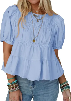 Tankaneo Womens Puff Sleeve Peplum Babydoll Tops Summer Smoked Pleated Cotton T-Shirts Casual Loose Fit Flowy Blouse