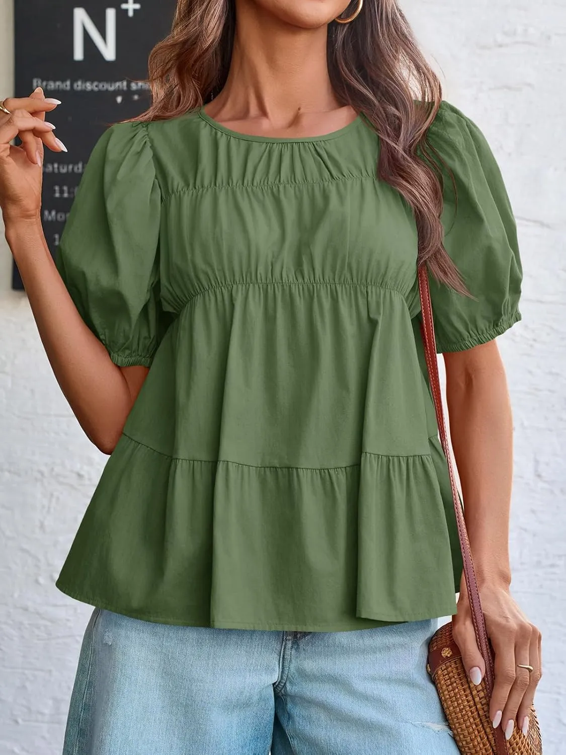 Tankaneo Womens Puff Sleeve Peplum Babydoll Tops Summer Smoked Pleated Cotton T-Shirts Casual Loose Fit Flowy Blouse