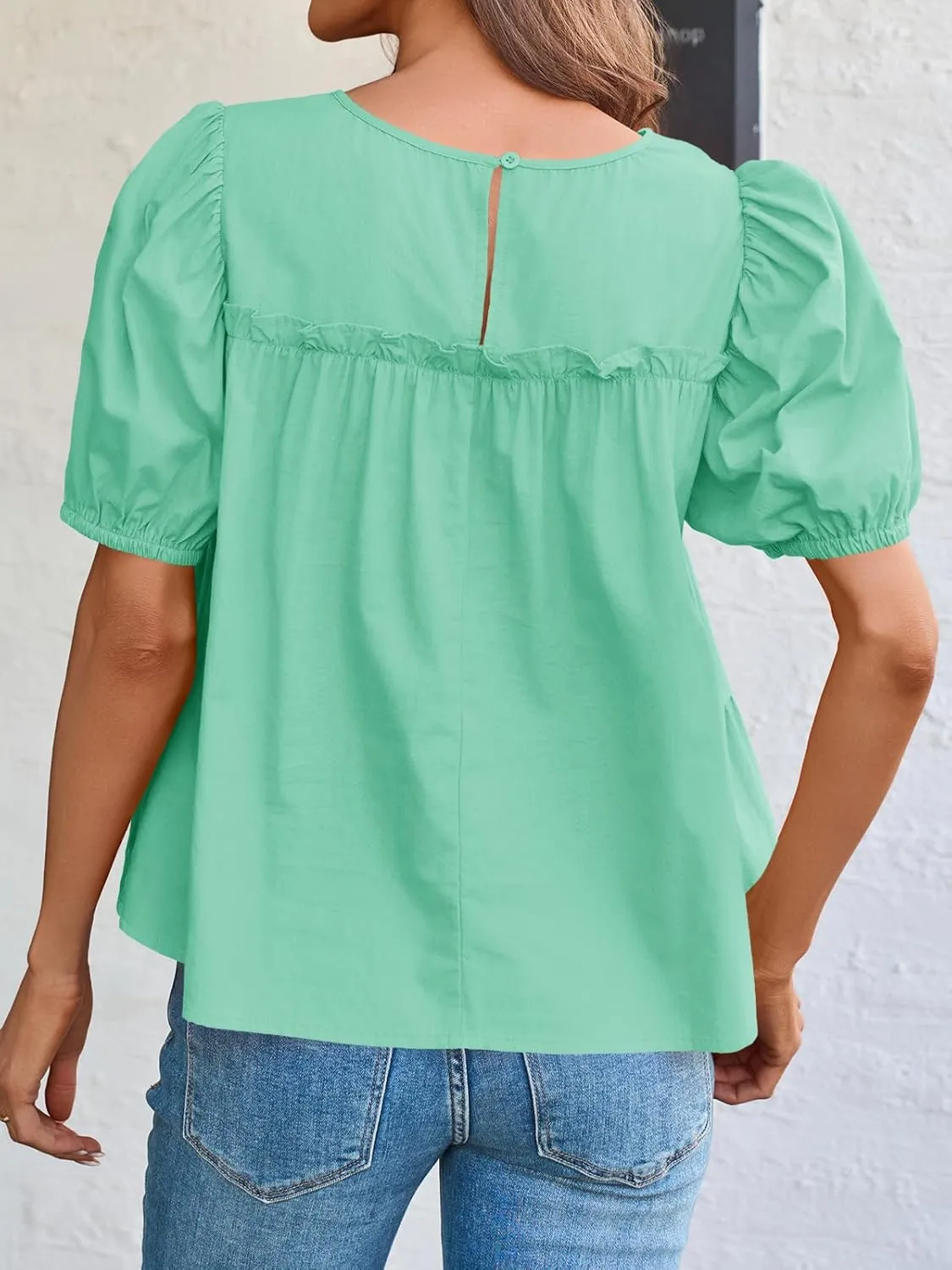 Tankaneo Womens Puff Sleeve Peplum Babydoll Tops Summer Smoked Pleated Cotton T-Shirts Casual Loose Fit Flowy Blouse