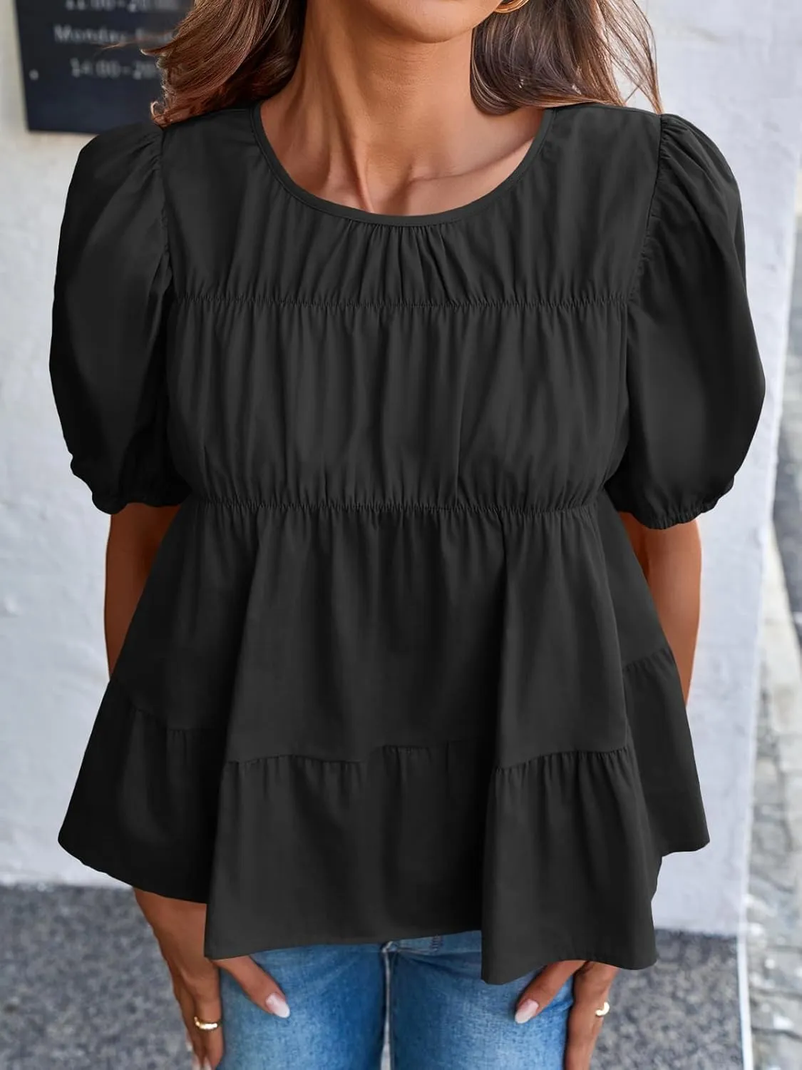 Tankaneo Womens Puff Sleeve Peplum Babydoll Tops Summer Smoked Pleated Cotton T-Shirts Casual Loose Fit Flowy Blouse