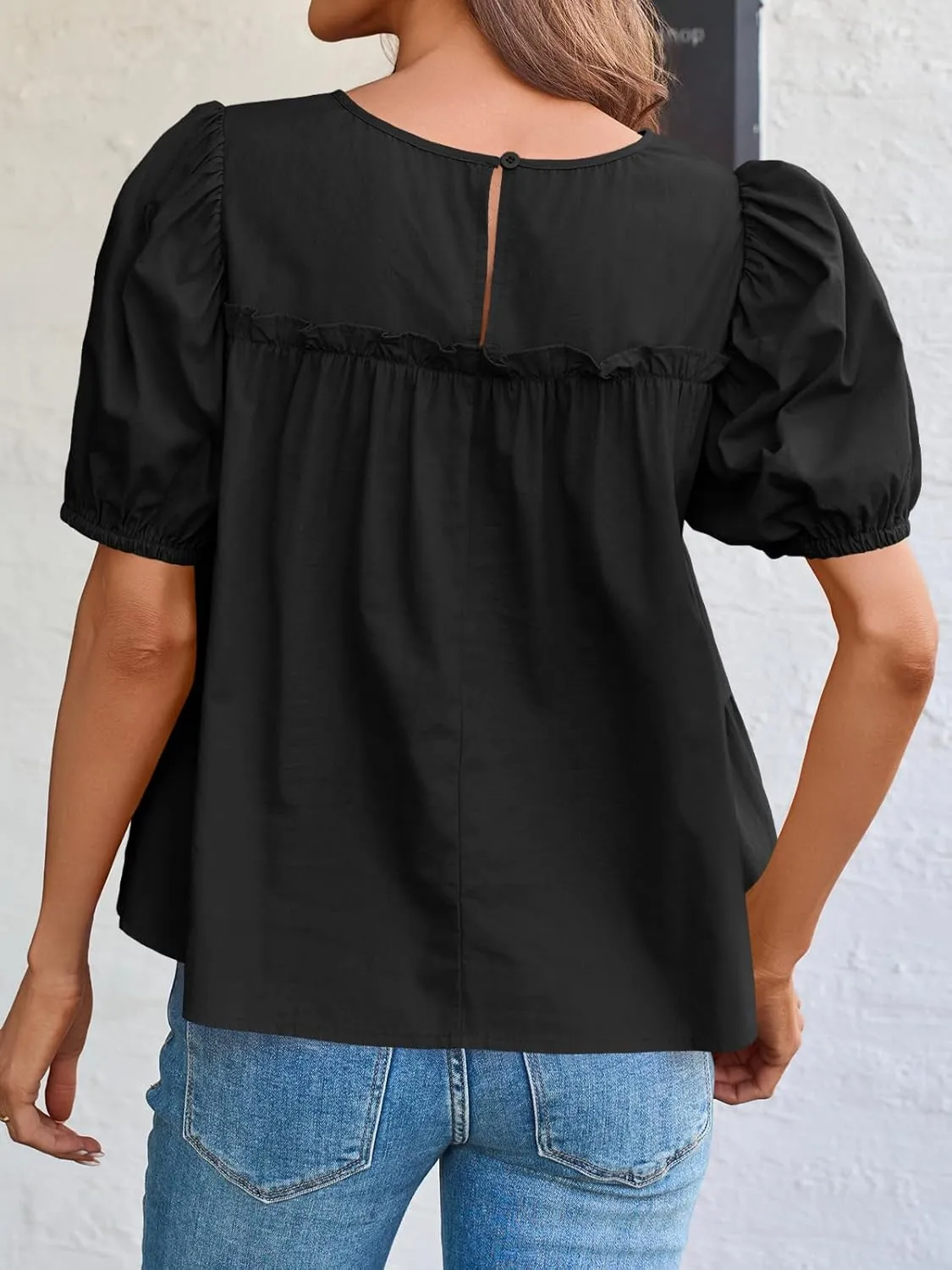 Tankaneo Womens Puff Sleeve Peplum Babydoll Tops Summer Smoked Pleated Cotton T-Shirts Casual Loose Fit Flowy Blouse