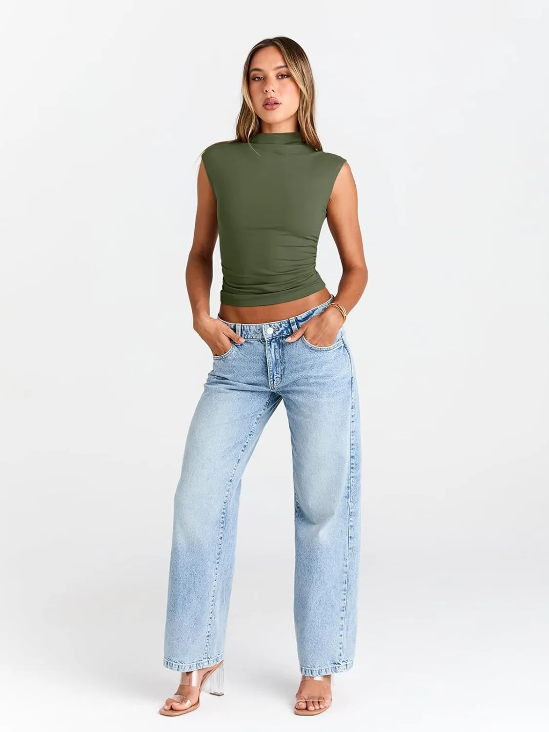 Trendy Queen Women's Going Out Basic Tank Tops Mock Neck Spring Clothes Sleeveless Cute Shirts Summer Y2K Sexy Outfits 2025