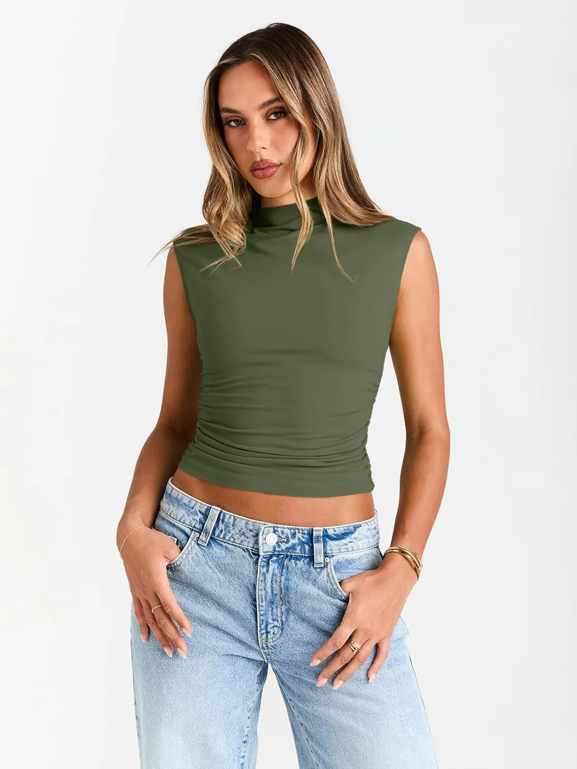 Trendy Queen Women's Going Out Basic Tank Tops Mock Neck Spring Clothes Sleeveless Cute Shirts Summer Y2K Sexy Outfits 2025