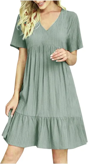 Wkishenl Summer Dresses for Women 2025 Vacation Trendy Short Sleeve V Neck Mini T Shirt Dress Pleated Ruffle Beach Sundresses
