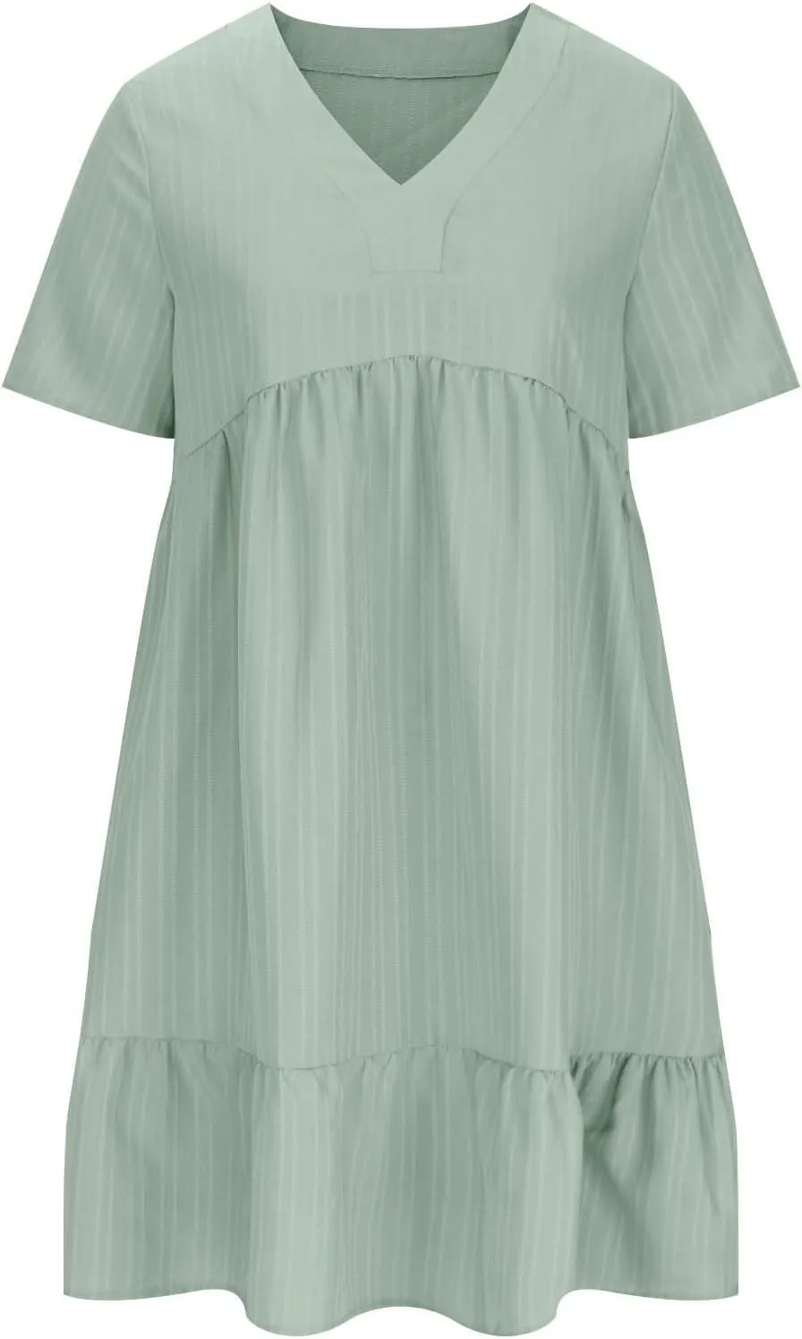 Wkishenl Summer Dresses for Women 2025 Vacation Trendy Short Sleeve V Neck Mini T Shirt Dress Pleated Ruffle Beach Sundresses