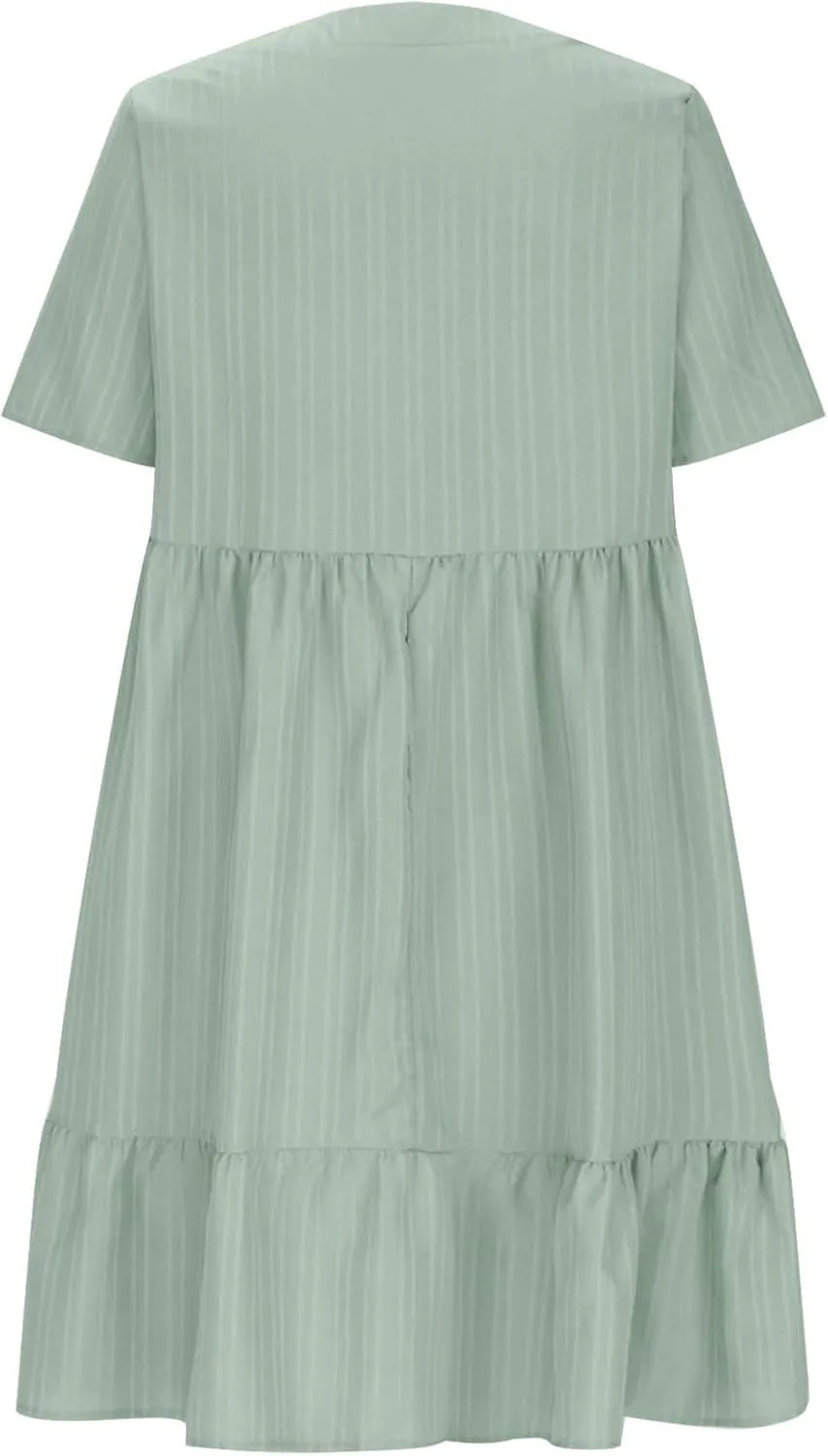 Wkishenl Summer Dresses for Women 2025 Vacation Trendy Short Sleeve V Neck Mini T Shirt Dress Pleated Ruffle Beach Sundresses