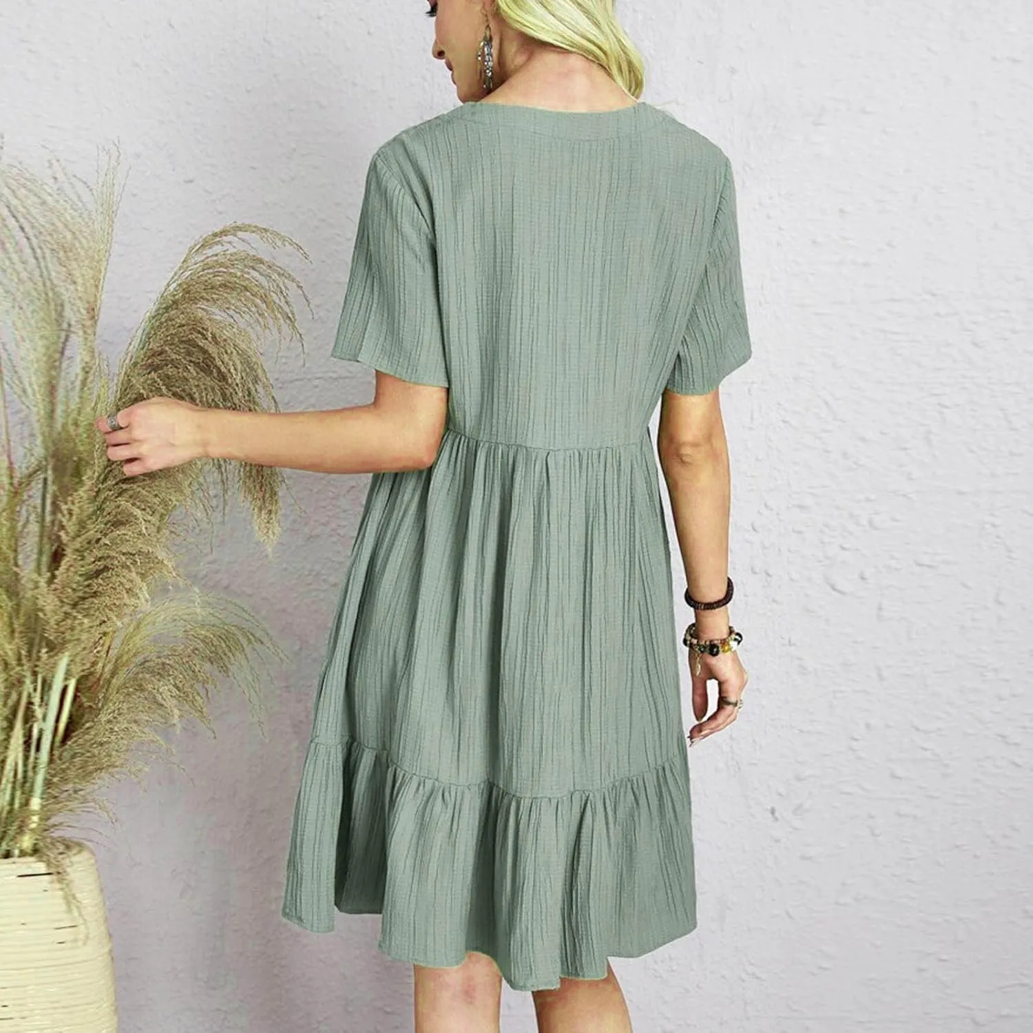 Wkishenl Summer Dresses for Women 2025 Vacation Trendy Short Sleeve V Neck Mini T Shirt Dress Pleated Ruffle Beach Sundresses