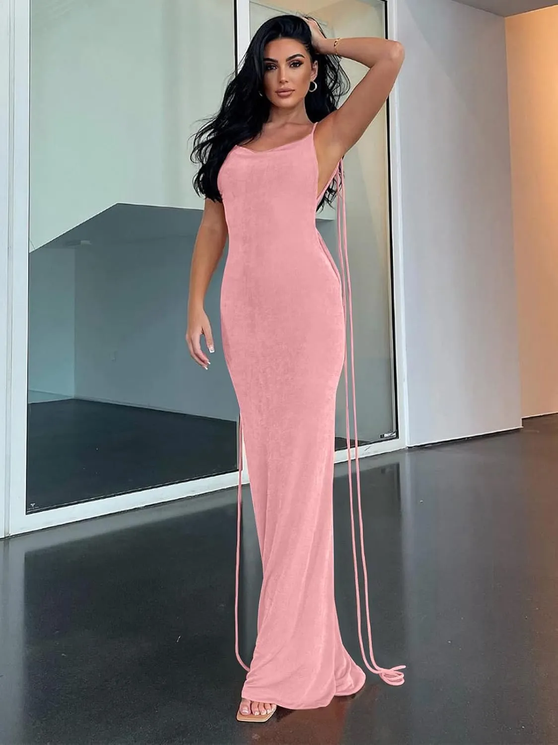 Womens 2025 Summer Backless Bodycon Maxi Dress Spaghetti Strap Halter Formal Cocktail Dresses Wedding Guest