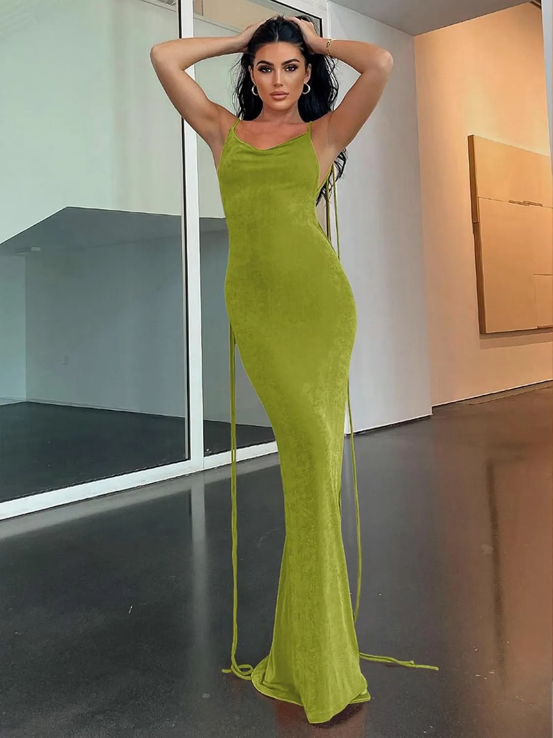 Womens 2025 Summer Backless Bodycon Maxi Dress Spaghetti Strap Halter Formal Cocktail Dresses Wedding Guest