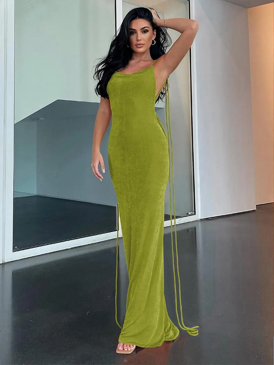 Womens 2025 Summer Backless Bodycon Maxi Dress Spaghetti Strap Halter Formal Cocktail Dresses Wedding Guest