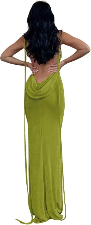 Womens 2025 Summer Backless Bodycon Maxi Dress Spaghetti Strap Halter Formal Cocktail Dresses Wedding Guest