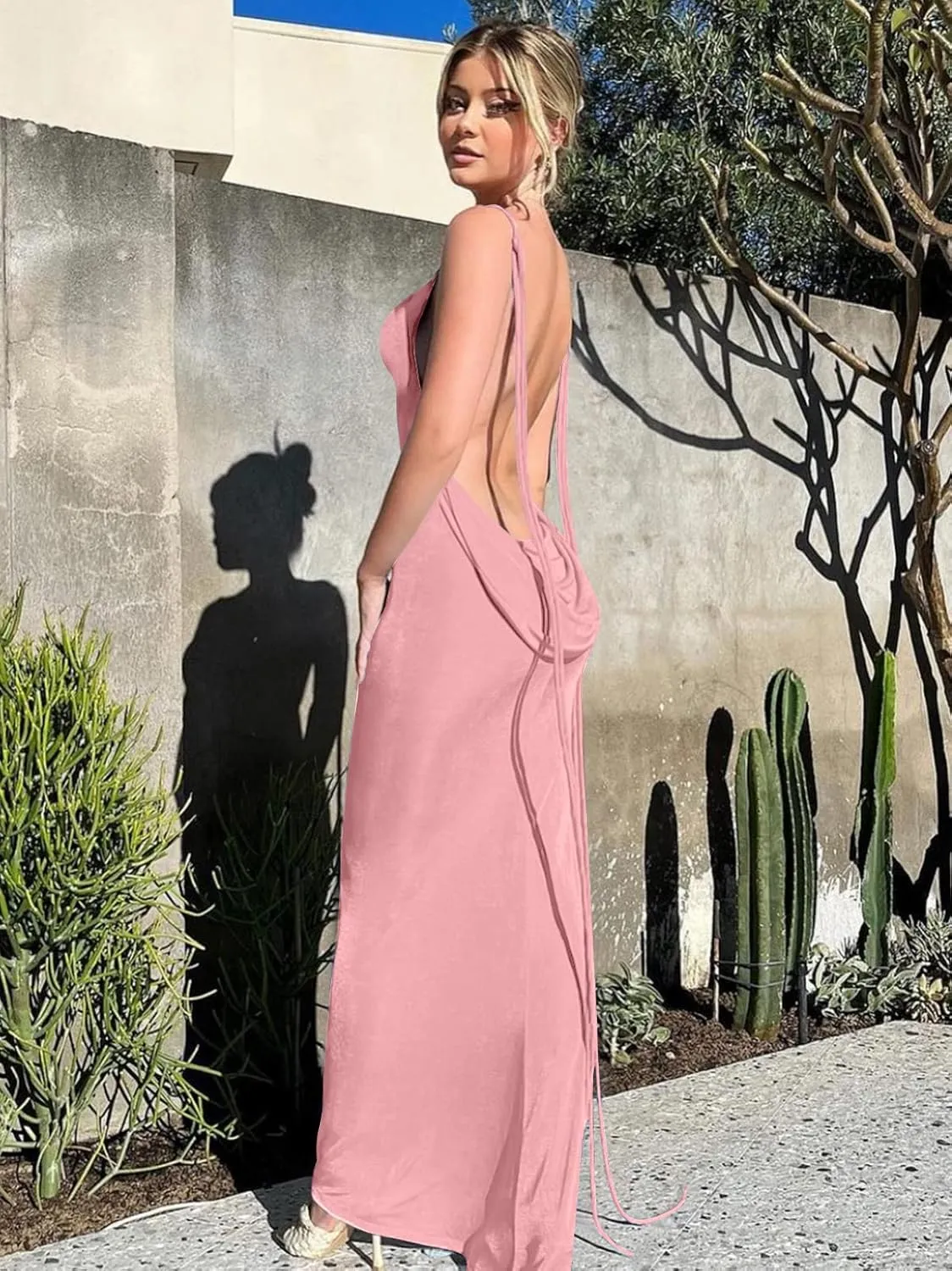 Womens 2025 Summer Backless Bodycon Maxi Dress Spaghetti Strap Halter Formal Cocktail Dresses Wedding Guest