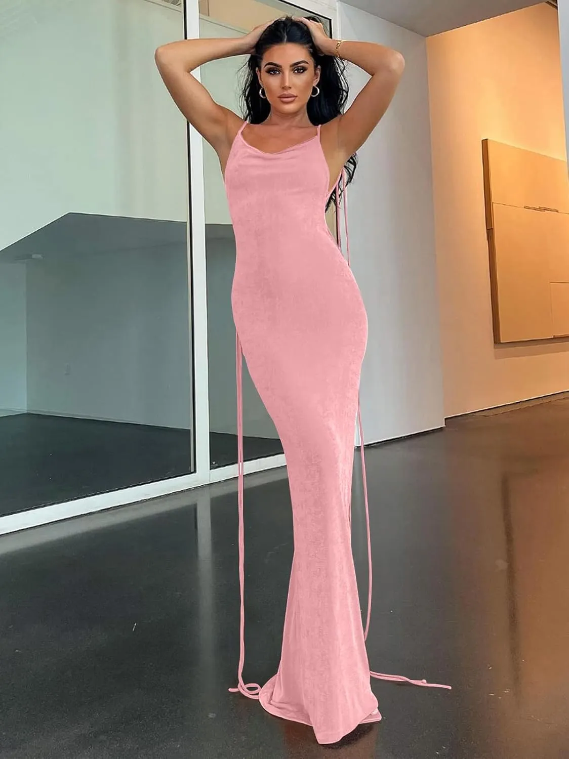 Womens 2025 Summer Backless Bodycon Maxi Dress Spaghetti Strap Halter Formal Cocktail Dresses Wedding Guest