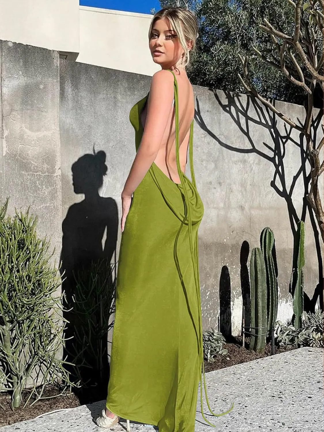 Womens 2025 Summer Backless Bodycon Maxi Dress Spaghetti Strap Halter Formal Cocktail Dresses Wedding Guest