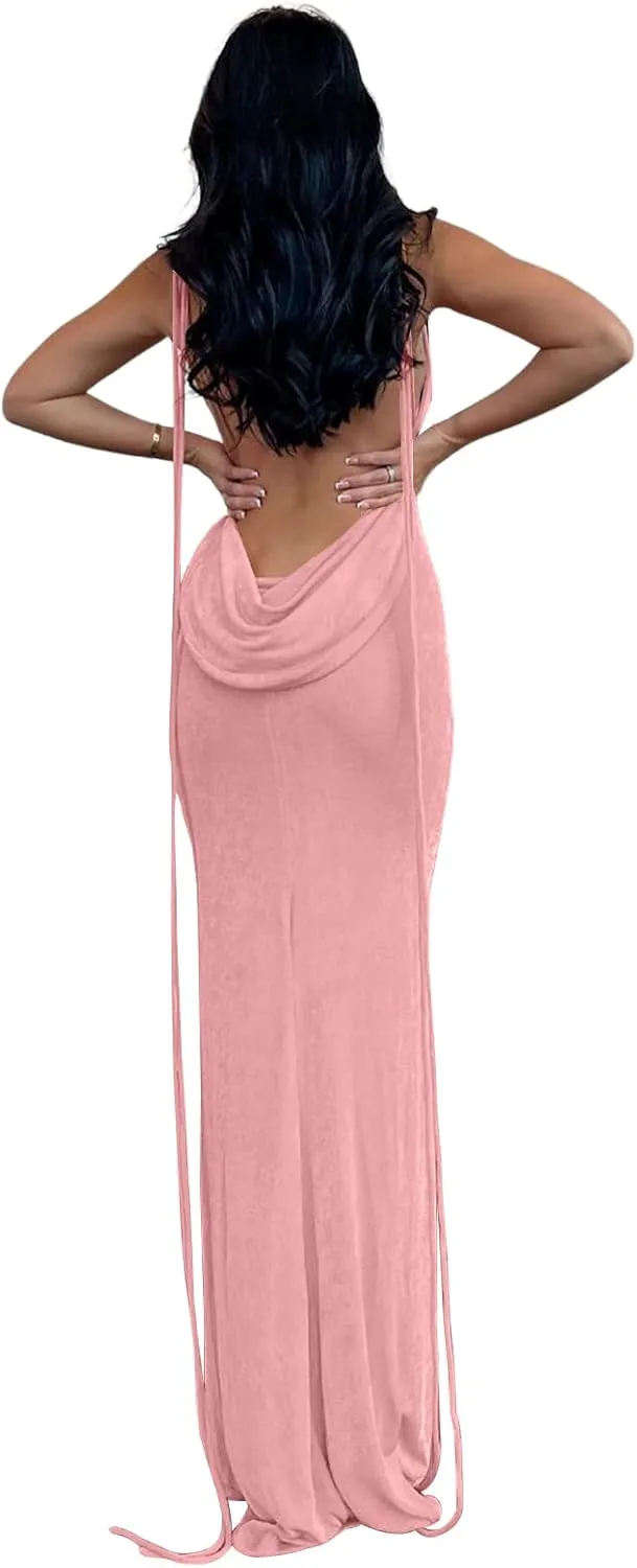 Womens 2025 Summer Backless Bodycon Maxi Dress Spaghetti Strap Halter Formal Cocktail Dresses Wedding Guest