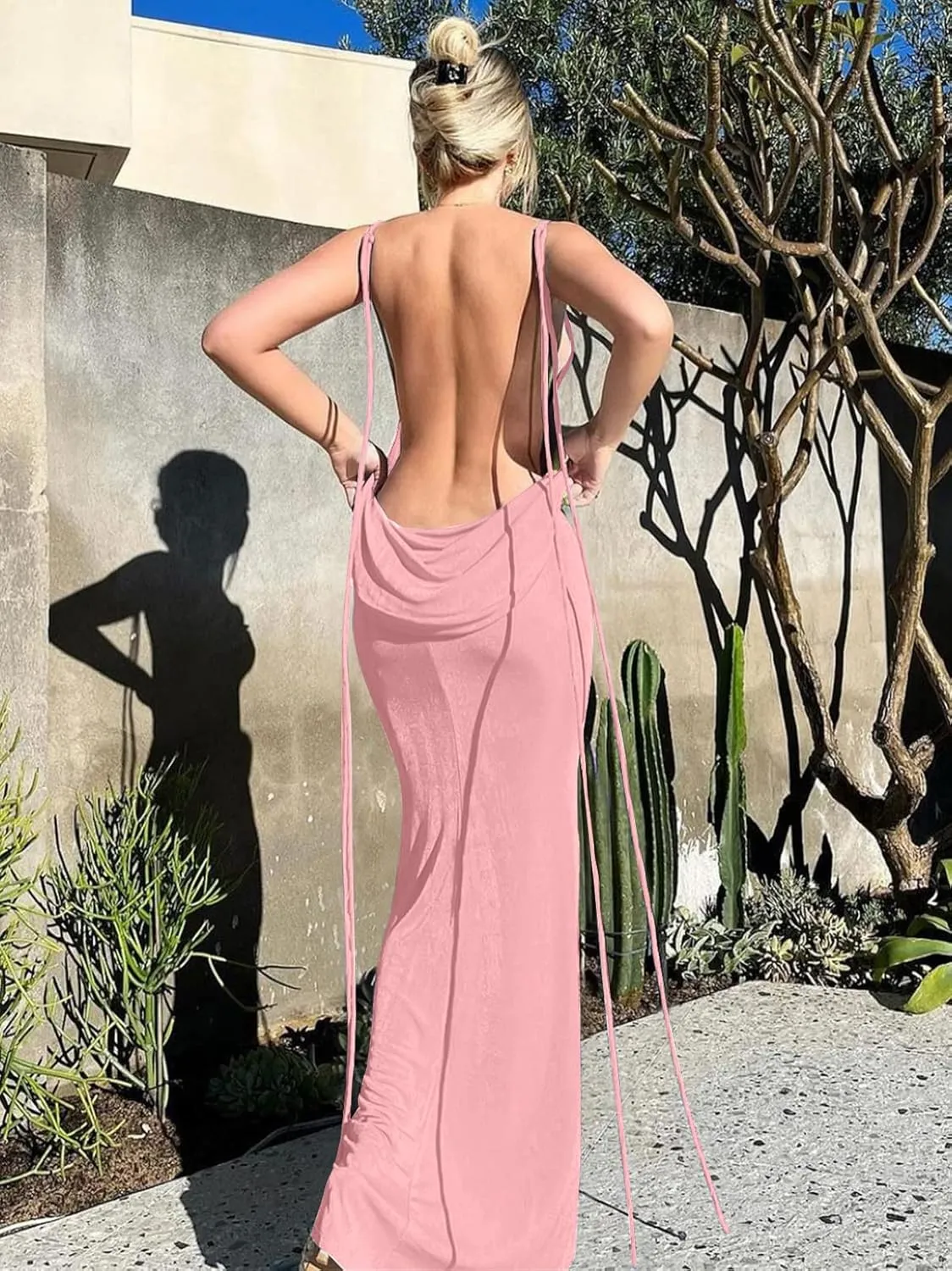 Womens 2025 Summer Backless Bodycon Maxi Dress Spaghetti Strap Halter Formal Cocktail Dresses Wedding Guest