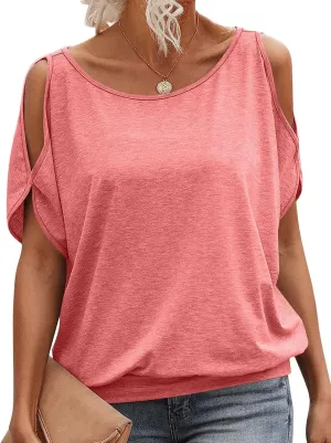 Womens Cold Shoulder Summer Tops Short Sleeve Tie Back Blouses Casual Crewneck Shirts 2024