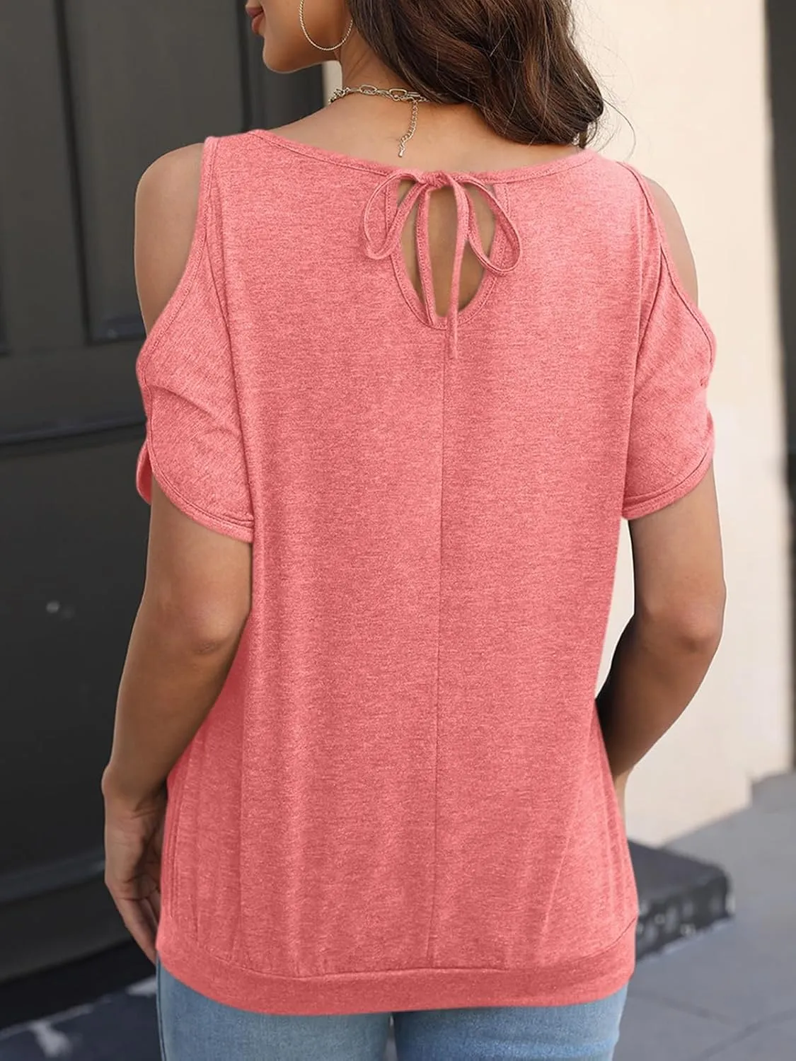 Womens Cold Shoulder Summer Tops Short Sleeve Tie Back Blouses Casual Crewneck Shirts 2024